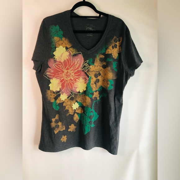 Flower Print T-shirt Gray 1X V Neck - Picture 1 of 3